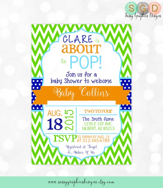 About to Pop Baby Shower Invitation - Boy Baby Shower Invitation It's a Boy Chevron Green Blue Orange DIY Printable Invite PDF (Item #107) Il_570xn