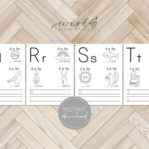 May include: Black and white printable alphabet flashcards for kids. Each card features a letter, a picture, and a word starting with that letter. The letters are Q, R, S, and T. The words are quarter, rainbow, shark, turtle, queen, quail, rocket, rabbit, sun, squirrel, rain, and tree.