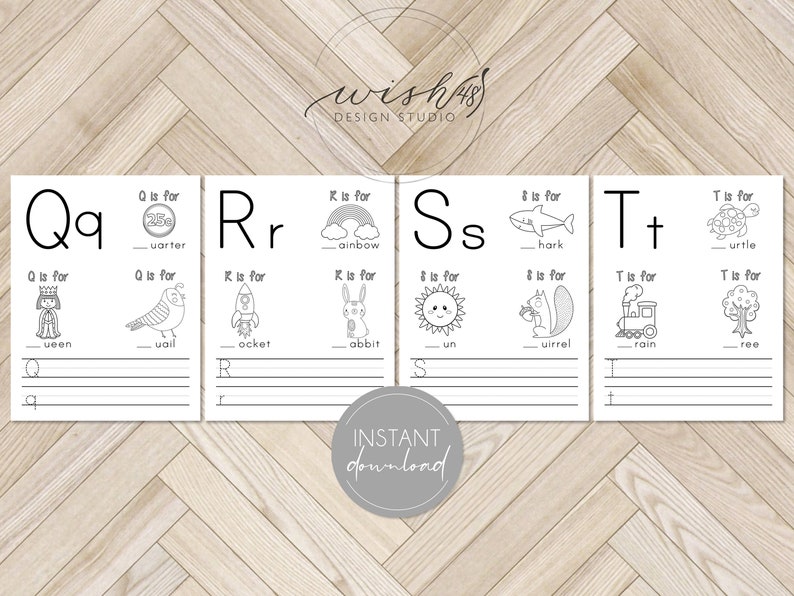 May include: Black and white printable alphabet flashcards for kids. Each card features a letter, a picture, and a word starting with that letter. The letters are Q, R, S, and T. The words are quarter, rainbow, shark, turtle, queen, quail, rocket, rabbit, sun, squirrel, rain, and tree.