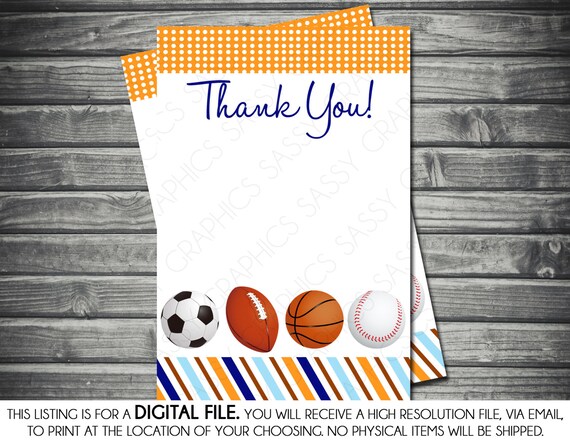 Boys Baby Shower Thank You Card - Sports, Baseball, Football, Navy Blue, Orange, Printable, Digital Il_570xn