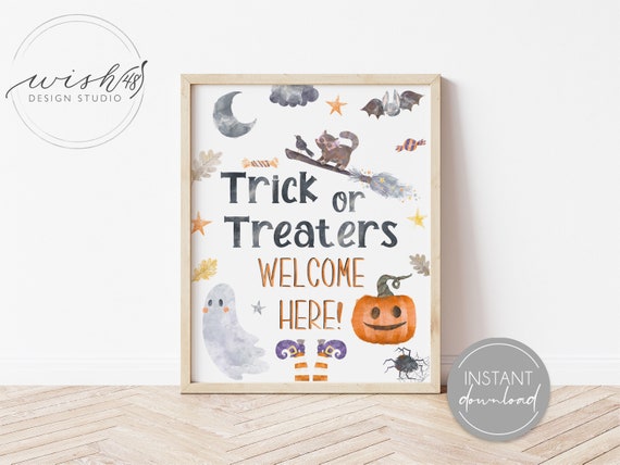 Trick or Treaters Welcome Here Printable, Halloween Home Decor, Trick or Treat Print, Trick or Treat Sign, Watercolor Halloween Printable Il_570xn