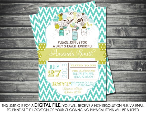 Mason Jars Baby Shower Invitation - Baby Boy Teal Green Floral Rustic Whimsical DIY Printable Invite PDF Il_570xn