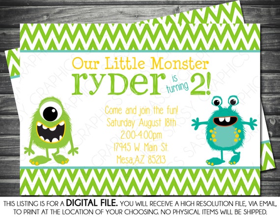 Boy Birthday Monster Invitation - Chevron, Blue, Green, Yellow, Printable, Digital Il_570xn
