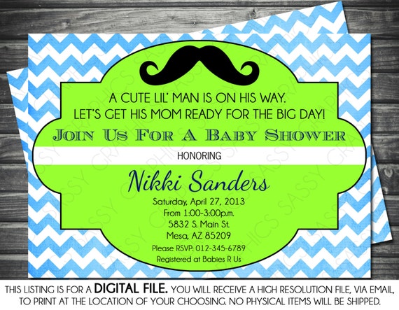 Boys Baby Shower Invitation - Lil' Man, Mustach, Chevron,Blue, Green, Black, Printable, Digital Il_570xn