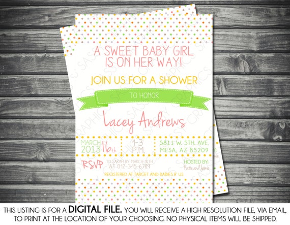 Girl's Baby Shower Invitation - Modern, Multi Colored, Polka Dots, Printable, Digital Il_570xn