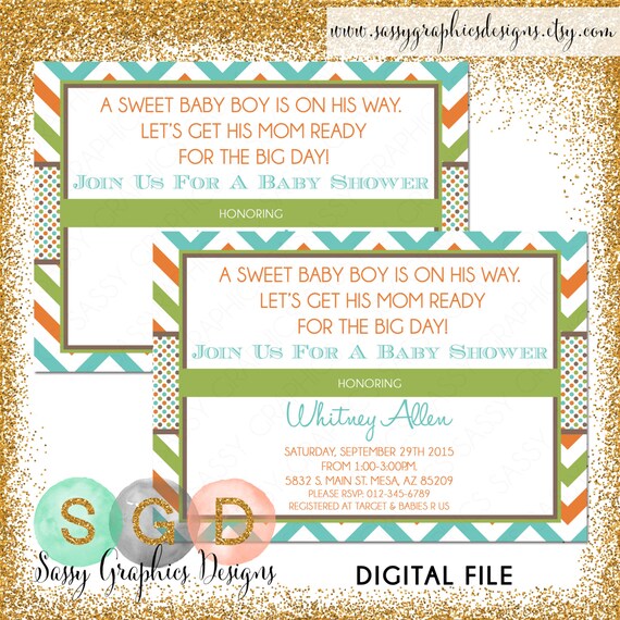 Boy Baby Shower Invite, Baby Shower invitation, chevron shower invite, digital invite, PDF invite, DIY invite, gray, blue (Item #28) Il_570xn