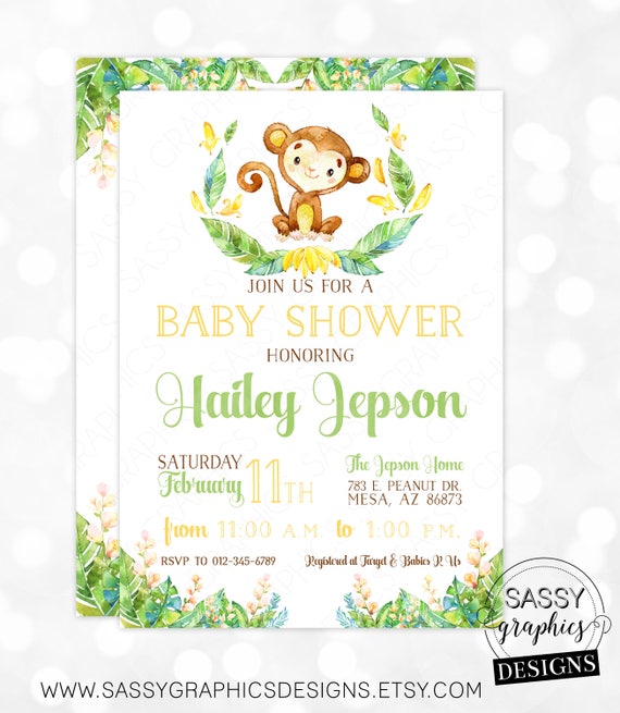 Monkey Boy Baby Shower Invitation Baby Boy Invite Watercolor Monkey Baby Shower Invite Tropical Floral DIY Printable Invite PDF Baby Monkey Il_570xn
