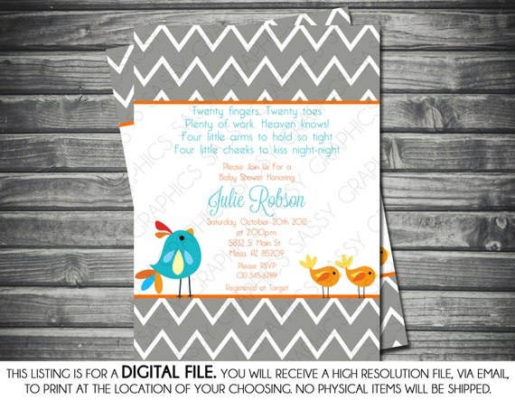 Twins Gender Neutral Baby Shower Invitation - Chevron, Birds, Blue, Orange, Printable, Digital Il_570xn