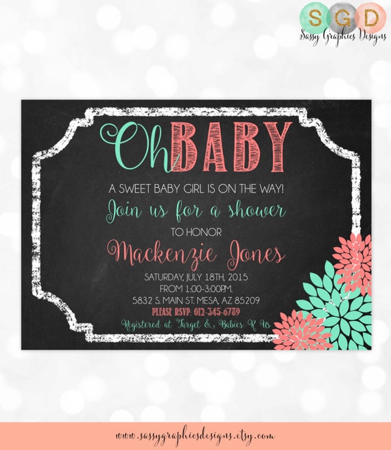 Girl Baby Shower Invitation - It's A Girl Oh Baby Floral Chalkboard Coral Mint Baby Girl Invite DIY Printable Invite PDF (Item #67) Il_570xn