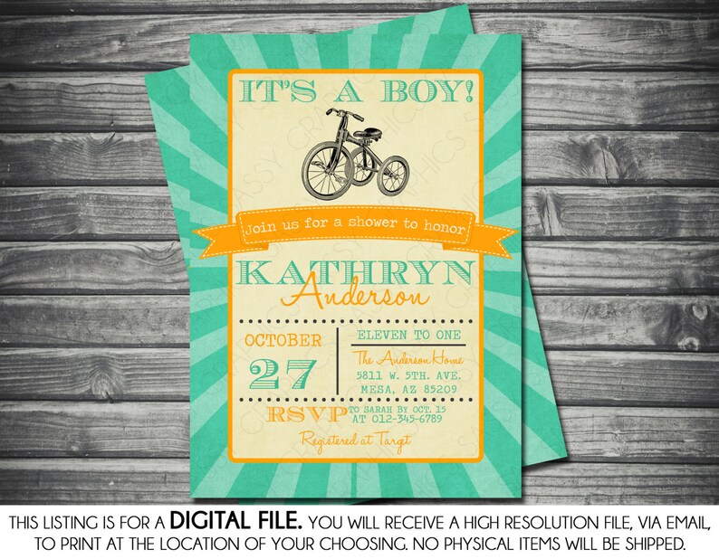 Boys Baby Shower Invitation Tricycle Vintage Teal Orange Etsy