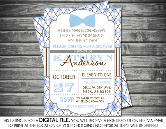 Boys Baby Shower Invitation - Little Man, Modern, Bow Tie, Argyle, Baby Blue, Brown, Gray, Printable, Digital Il_570xn