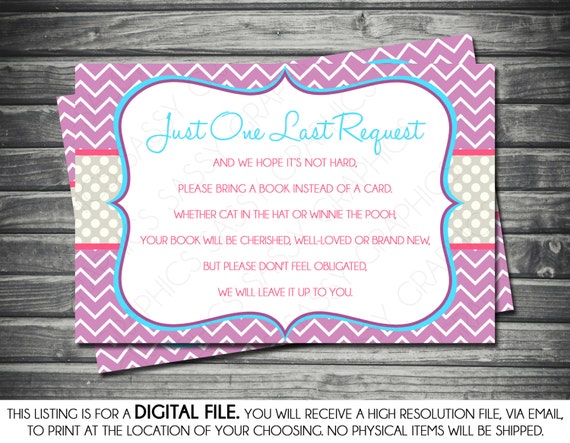 Girls Baby Shower Bring a Book Insert Card - Chevron, Gray, Turquoise, Purple, Pink, Printable, Digital Il_570xn