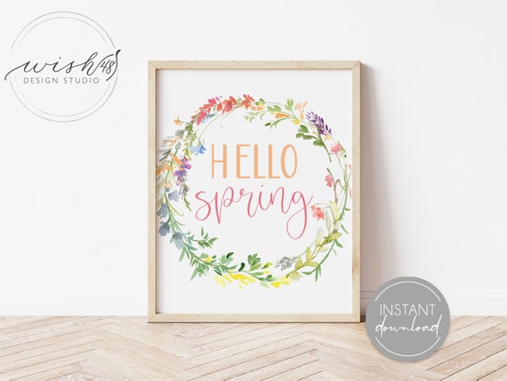 Hello Spring Print, Spring Printable, Spring Home Decor, Spring Wall Art, Home Decor Printable, Watercolor Floral Print, Easter Printable Il_570xn