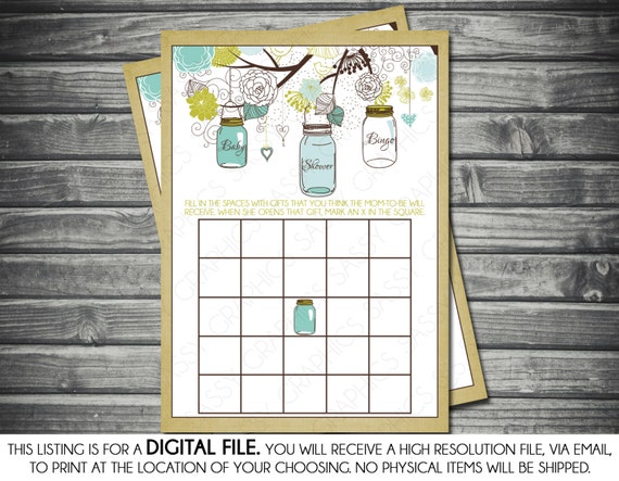 Instant Download Boy Baby Shower Bingo Card - Mason Jar, Green, Blue, Printable, Digital Il_570xn