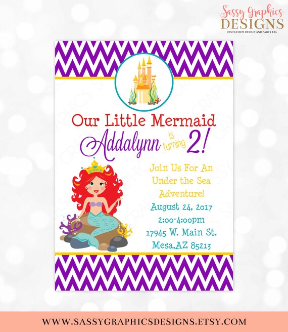 Mermaid Birthday Invitation - Girl Birthday Invite Under the Sea Little Mermaid Birthday Chevron Purple DIY Printable Invite PDF (Item #2) Il_570xn