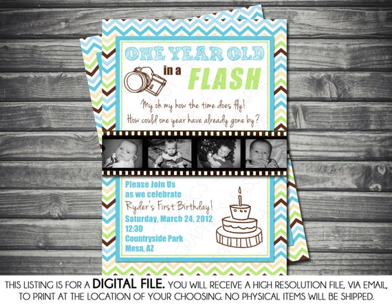 One Year in a Flash Photo Boy Birthday Invitation - Chevron, Blue, Green, Brown, Printable, Digital Il_570xn