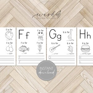 May include: Black and white printable alphabet flashcards for kids. Each card features a letter, a picture, and the word for the picture. The letters are E, F, G, and H. The words are earth, frog, giraffe, house, elephant, eggs, fish, flower, guitar, grapes, hamburger, and hedgehog.