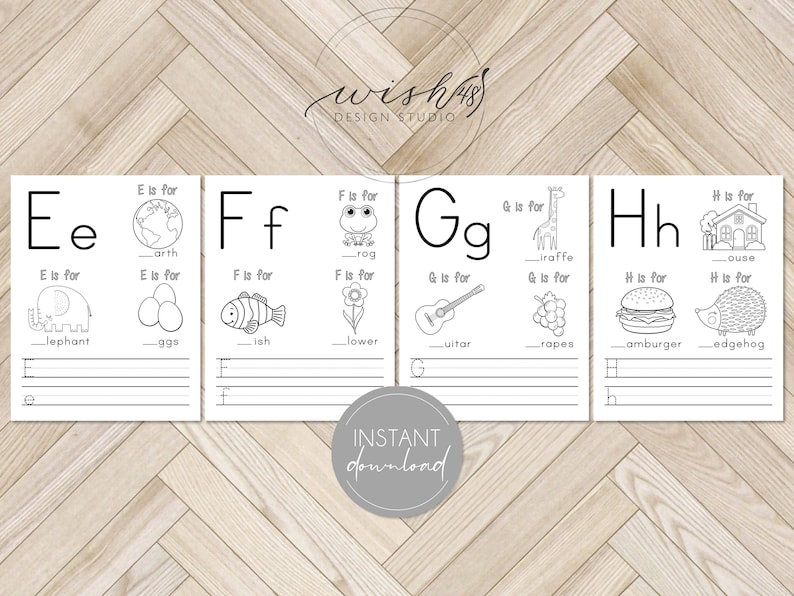 May include: Black and white printable alphabet flashcards for kids. Each card features a letter, a picture, and the word for the picture. The letters are E, F, G, and H. The words are earth, frog, giraffe, house, elephant, eggs, fish, flower, guitar, grapes, hamburger, and hedgehog.