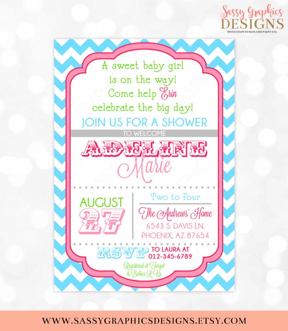 Girl Baby Shower Invitation Chevron Turquoise Pink Green Etsy