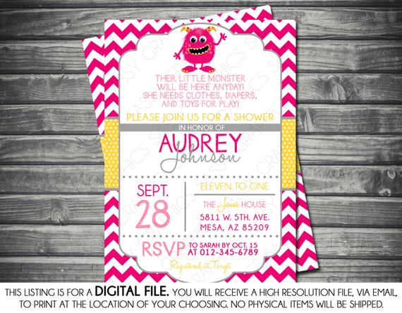 Girls Baby Shower Invitation - Monsters, Polka Dots, Chevron, Pink, Yellow, Gray, Printable, Digital Il_570xn