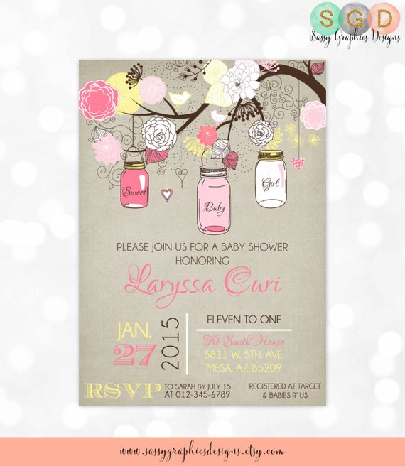 Mason Jars Baby Shower Invitation - Baby Girl Pink Yellow Floral Rustic Whimsical DIY Printable Invite PDF ( Item #127) Il_570xn