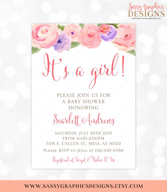 Watercolor Baby Shower Invitation Girl Watercolor Floral Invite Baby Shower Invite It's a Girl Pink Purple DIY Printable Invite PDF (#167) Il_570xn