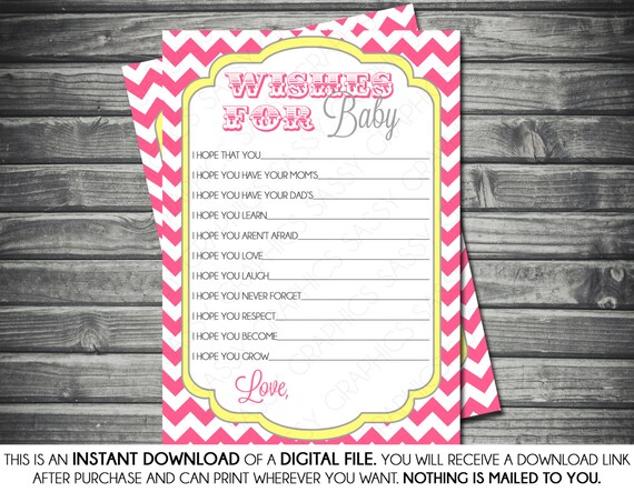 Instant Download Girl Wishes for Baby Card - Chevron, Pink, Yellow, Printable, Digital Il_570xn