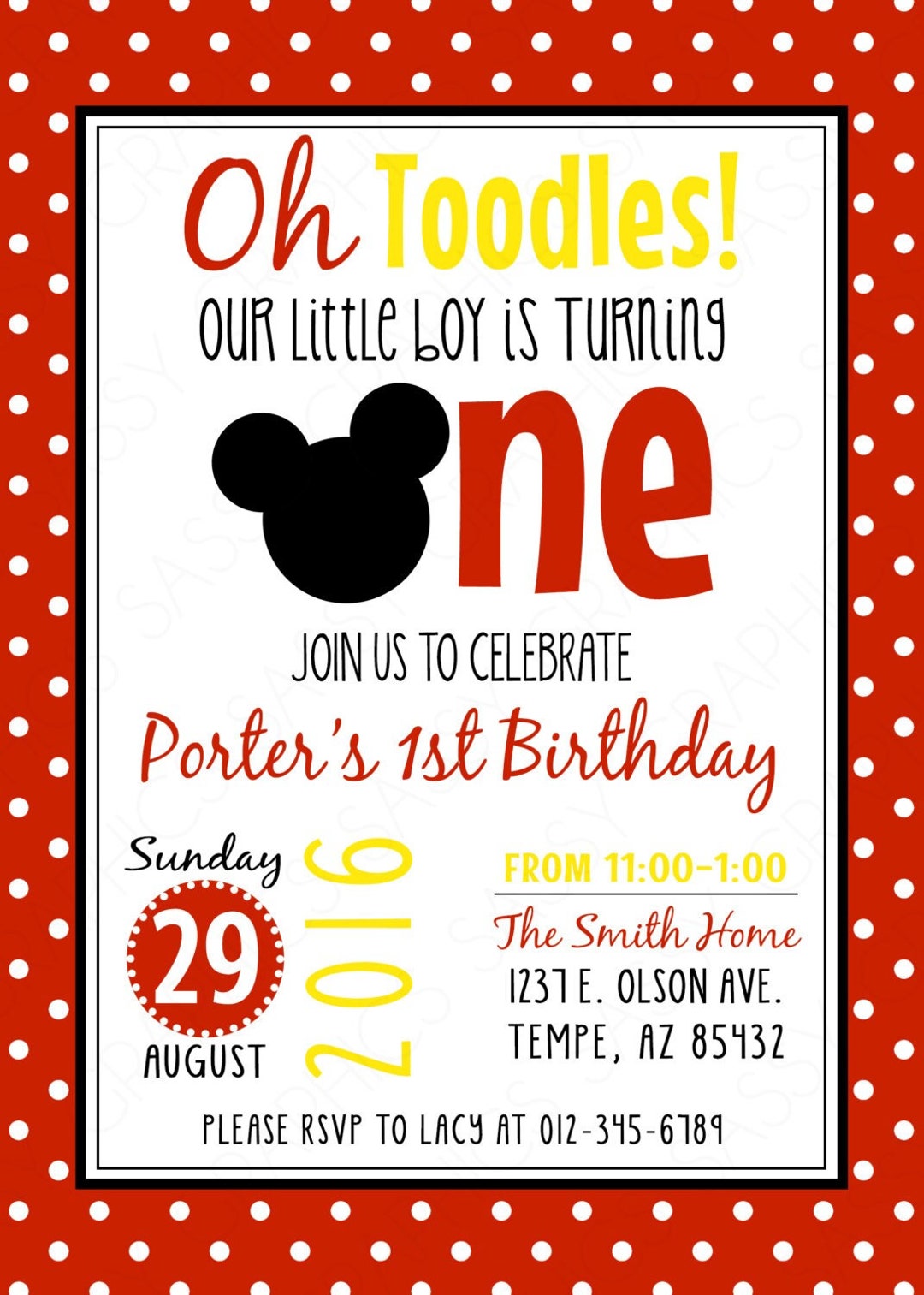 Oh Toodles Birthday Invitation Boy Birthday Invite Red Polka Dot First