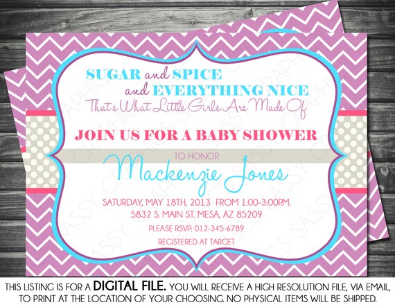 Girls Baby Shower Invitation - Sugar & Spice, Chevron, Polka Dots, Purple, Pink, Printable, Digital File Il_570xn