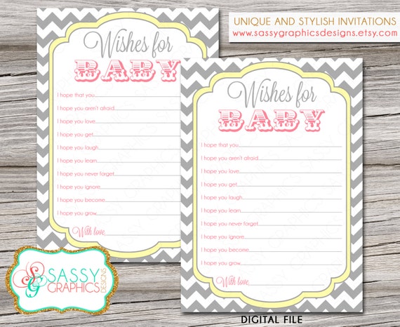 Wishes for baby card with gray chevron, pink, and yellow. Instant download, printable, digital file Il_570xn