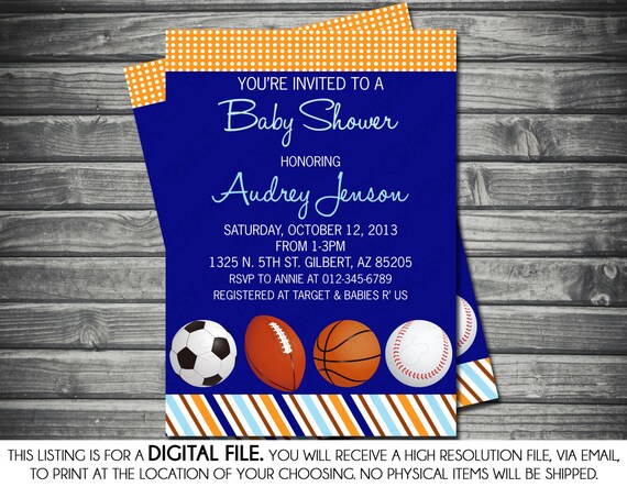 Boys Baby Shower Invitation - Baseball, Basketball, Football, Sports, Blue, Orange, Polka Dots, Printable, Digital Il_570xn