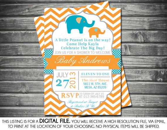 Boys Baby Shower Invitation -Elephant Theme, Orange, Blue, Gray, Chevron Polka Dots, Printable, Digital Il_570xn