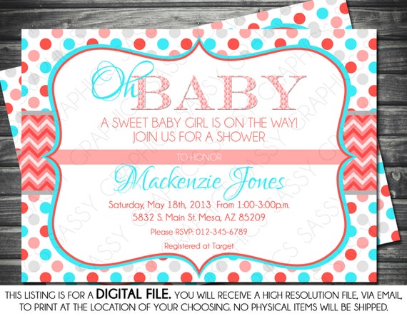 Girl Baby Shower Invitation Polka Dot Chevron Coral Turquoise