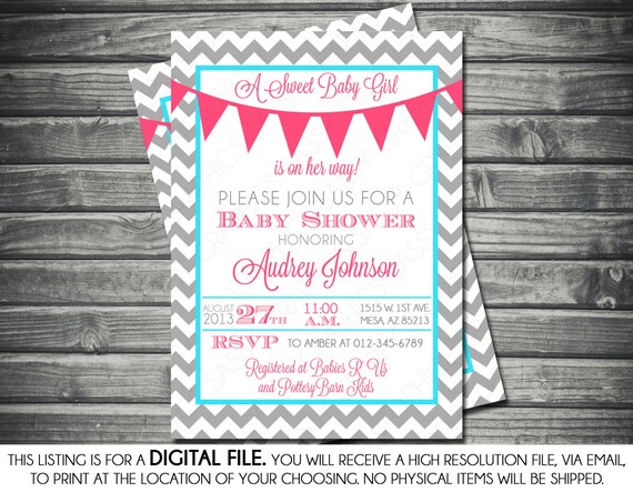 Girls Baby Shower Invitation - Chevron, Banner, Pink, Turquoise, Gray, Printable, Digital Il_570xn