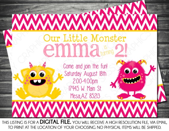 Girls Birthday Monster Invitation - Chevron, Pink, Yellow, Printable, Digital Il_570xn