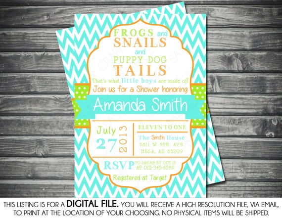 Boys Baby Shower Invitation - Frogs, Snail, Puppy Dog Tails, Chevron, Blue, Green, Orange Printable, Digital Il_570xn