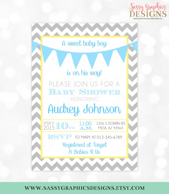 Kid Boy Shower Invitation Grey Chevron Blue Yellow Pennant graphic about Free Printable Chevron Banner Minecraft identified as Little one Boy Shower Invitation Grey Chevron Blue Yellow Pennant