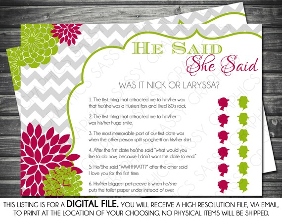 He Said She Said Bridal Shower Game - Chevron, Mums, Green, Burgundy, Printable, Digital Il_570xn