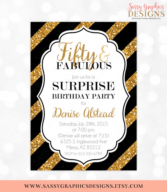 Adult Birthday Invitation 40th 50th 60th 50 and Fabulous Birthday Invite 50th Invite Gold Glitter Black DIY Printable Invite PDF (AB#1) Il_570xn