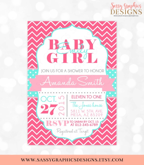 Girl Baby Shower Invitation - Baby Girl Pink Aqua Chevron Polka Dots It's A Girl DIY Printable Invite PDF (Item #79) Il_570xn