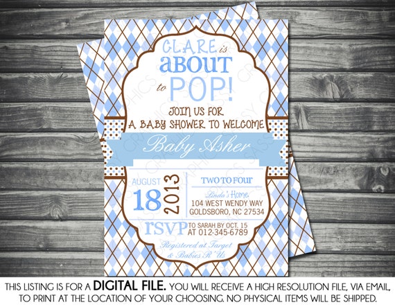 Boys Baby Shower Invitation - About to Pop, Argyle, Polka Dots, Blue, Brown, Printable, Digital Il_570xn