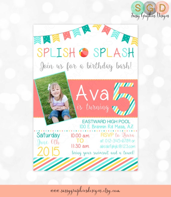 Girl Birthday Invitation – Splish Splash Birthday Invite Pool Party Invite Coral Teal Banner Printable Digital Download Invite (Item #4) Il_570xn