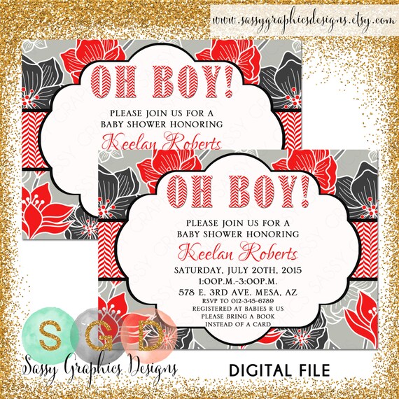 Boy Baby Shower Invite, Baby Shower invitation, Floral Baby Invite, digital invite, PDF invite, DIY invite, red, gray, black (Item #37) Il_570xn