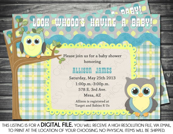 Boys Baby Shower Invitation - Owl Theme, Blue, Yellow, Gray, Printable, Digital Il_570xn