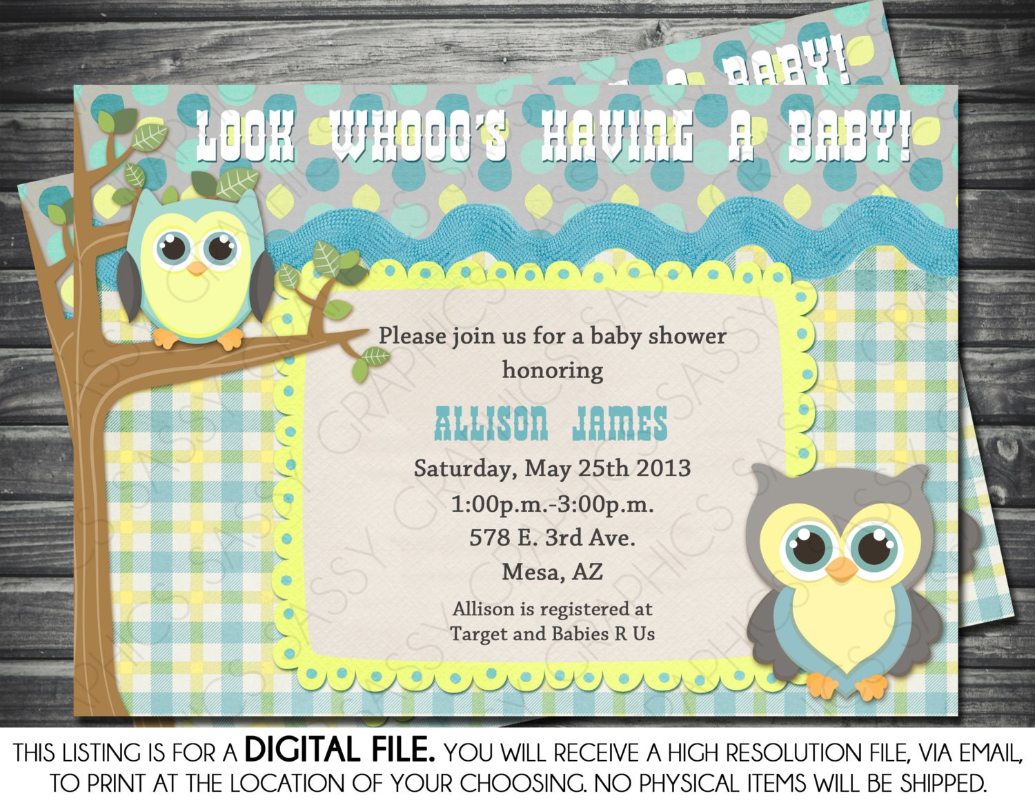 Boys Baby Shower Invitation Owl Theme Blue Yellow Gray Etsy