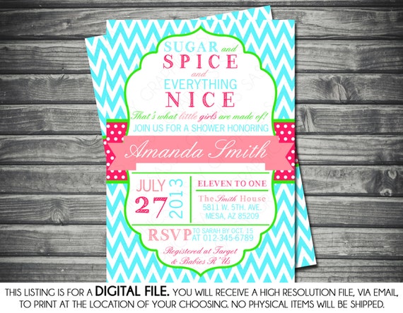 Girls Baby Shower Invitation - Chevron, Polka Dots, Pink, Turquoise, Green, Sugar and Spice, Printable, Digital Il_570xn