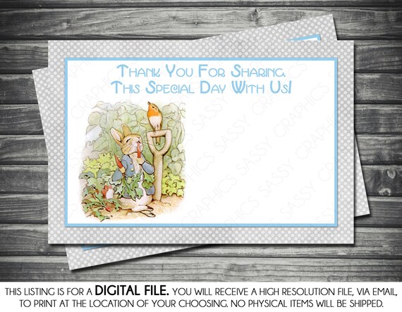 Boy Baby Shower Thank You Card - Peter Rabbit Theme, Polka Dots, Gray, Blue, Instant Download, Printable, Digital Il_570xn