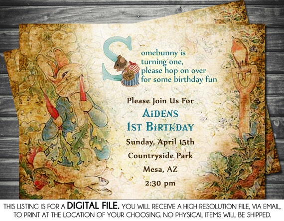 Vintage Peter Rabbit Boy Birthday Invitation - Blue, Printable, Digital Il_570xn