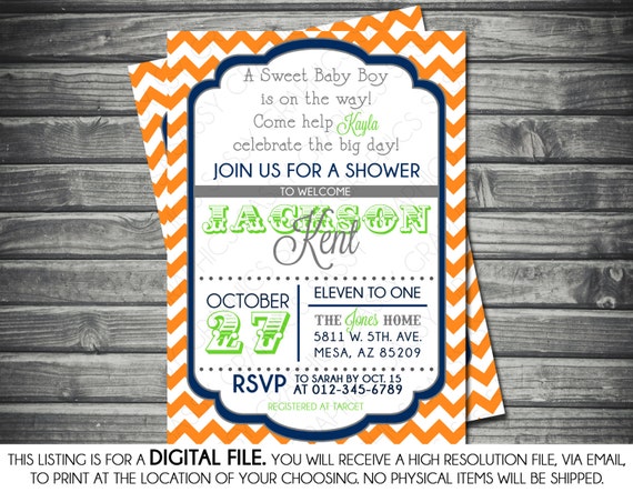 Boys Baby Shower Invitation - Modern, Chevron, Navy, Orange, Green, Printable, Digital Il_570xn