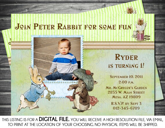 Peter Rabbit Photo Boy Birthday Invitation - Blue, Green, Printable, Digital Il_570xn